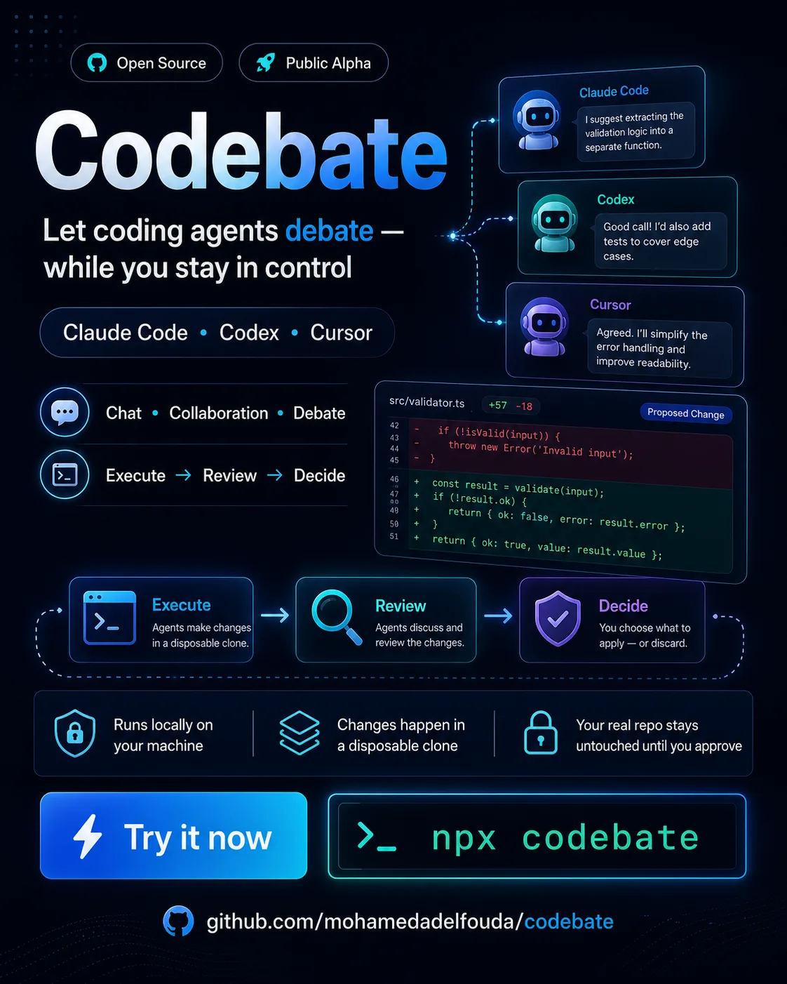 Codebate product poster showing multiple coding agents discussing and reviewing code